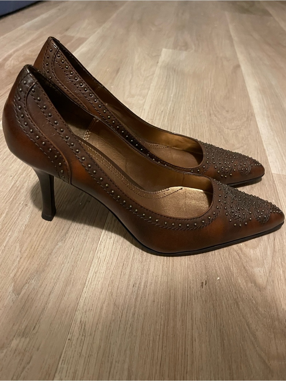 Franco Sarto Mahogany Studded Pointed Toe Pumps Women's Brown Leather Pump Heels